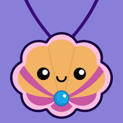 Charming cartoon seashell pendant necklace with happy face and blue pearl, perfect for children's designs and whimsical art projects