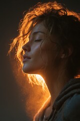 Serene Woman with Closed Eyes Bathed in Golden Sparkle – Peaceful Portrait, Inner Harmony, Glowing Beauty