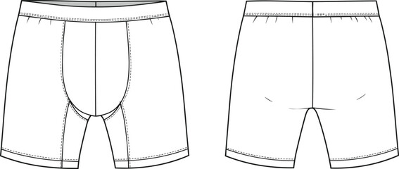 Men's boxer briefs fashion flat sketch, underwear technical drawing, front and back view, vector template, stretch fabric design, apparel