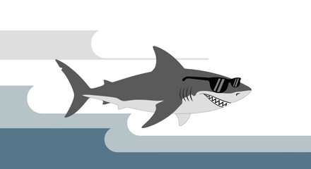 Naklejka premium Cool Shark in Sunglasses Floating Above Abstract Ocean Waves With Modernistic Design