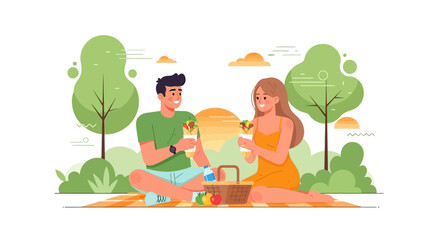 Fototapeta premium Couple Enjoying Picnic Meal Together, Outdoor Dating and Relaxing Time In Park