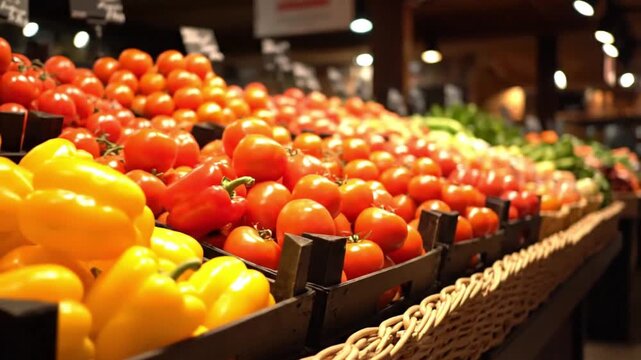 Vibrant fresh produce display featuring ripe red tomatoes and colorful bell peppers in a bustling grocery store, ideal for healthy eating and everyday cooking