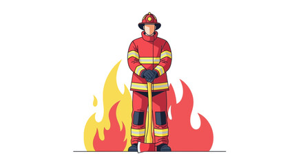 Courageous Firefighter Standing Tall With Axe Amidst Flaming Inferno Disaster.