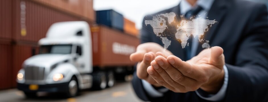 Business professional showing digital world map while standing near freight containers in a logistics yard during daytime