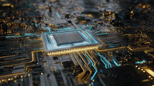 Close-up of a glowing CPU on a circuit board, symbolizing advanced technology and digital processing.