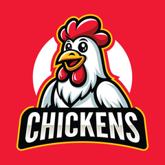Happy rooster mascot logo in cartoon style with red background for sports branding © elhambrana