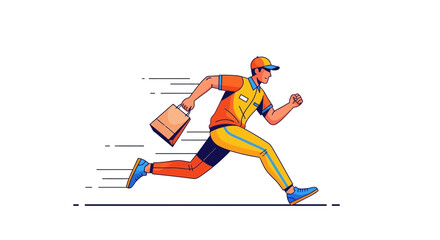 Obraz premium Courier Delivery Swiftly Moving With Order Package Against White Background