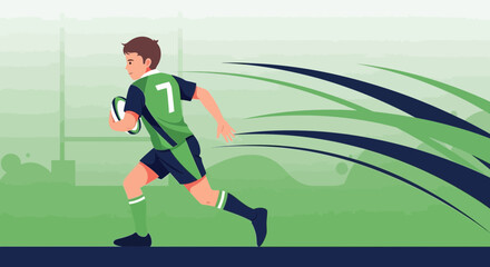 Naklejka premium Dynamic Illustration Of Player In Action Running With The Rugby Ball In The Field,
