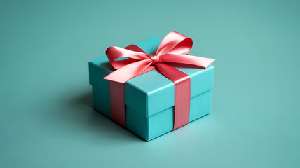 Obraz premium A teal gift box with a pink ribbon sits on a teal background
