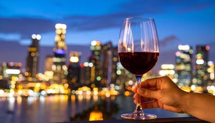 glasses of wine with night city skyline background with copy space