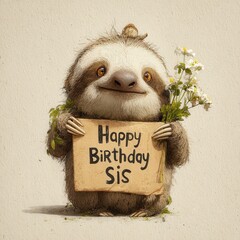 Adorable Cartoon Sloth Holding "Happy Birthday Sis" Sign with Flowers and Vines - Cute Sister Birthday Greeting Illustration