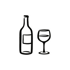 Minimalist hand-drawn wine bottle and glass illustration, black line art, isolated on transparent background. Perfect for bar menu design, winery branding, restaurant graphics, and digital projects.