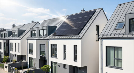 Row of modern white houses with solar panels on roofs shining in the sun under a bright blue sky day time