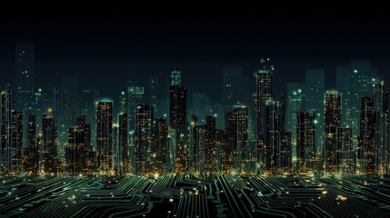 A futuristic cityscape with glowing skyscrapers set against a dark background, showcasing a blend of technology and urban design.