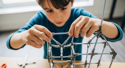 Boy Concentrating on Building a Geometric Structure.