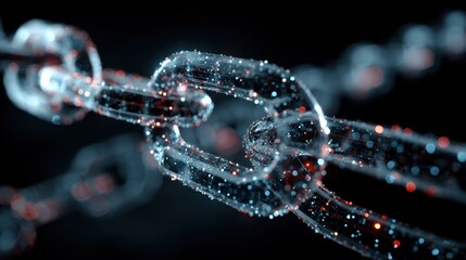 A close-up view of a digital chain link, showcasing a futuristic design with glowing elements on a dark background.