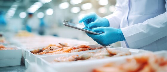 The Seafood Inspector Using Tablet to Record Quality in Processing Plant