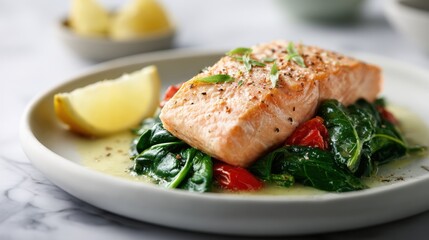 A beautifully plated salmon fillet served with sauteed spinach and cherry tomatoes, garnished with herbs and lemon wedges.