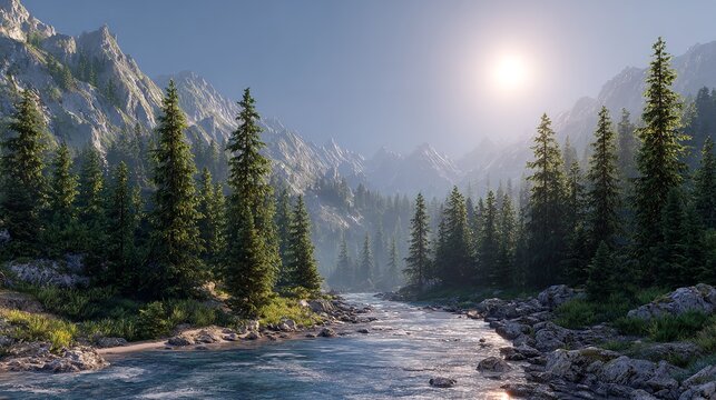 The sunlight streams dramatically over the mountain peaks, creating a vibrant and peaceful natural scene perfect for themes of adventure, wilderness, or environmental inspiration