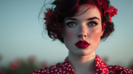 A close-up portrait of a woman with red lips and curly hair adorned with flowers, set against a soft, blurred background.