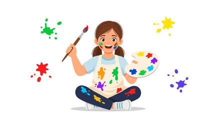 Fototapeta premium Creative Young Artist Enjoying Painting With Rainbow Colors and Palette, Cartoon Illustration
