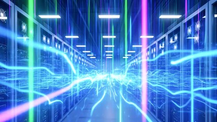 Futuristic data center with glowing energy waves and server racks, showcasing advanced technology - Powered by Adobe