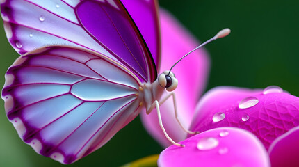 Macro Photography of a Butterfly on an Orchid Flower, Autumn Colors, Dew Drops, Soft Blurred Background