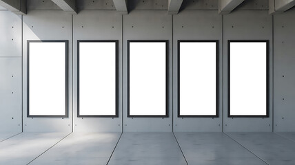 Five empty billboard on concrete wall with sunlight for advertisement mockup