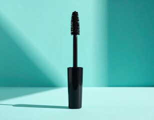 Close-up of Black Mascara Brush with Soft Shadow on Teal Background