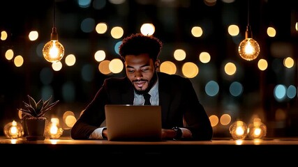A man in a suit working on a laptop at a dimly lit caf? surrounded by glowing lights