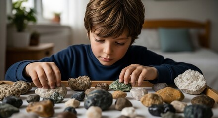 Boy Exploring Rocks and Minerals Collection.