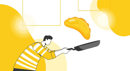 Culinary Illustration: Dynamic Frying Pan Action With A Golden Pancake Design