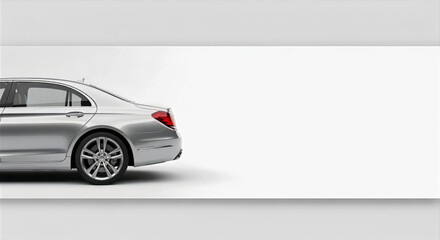 A silver sedan car parked in front of a white wall with a blurred background showcasing its sleek design