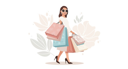 Elegant Woman Smiling While Carrying Shopping Bags with Floral Background, Illustration