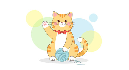 Cute Cartoon Cat Waving And Playing With Yarn Ball In Front Of Soft Background