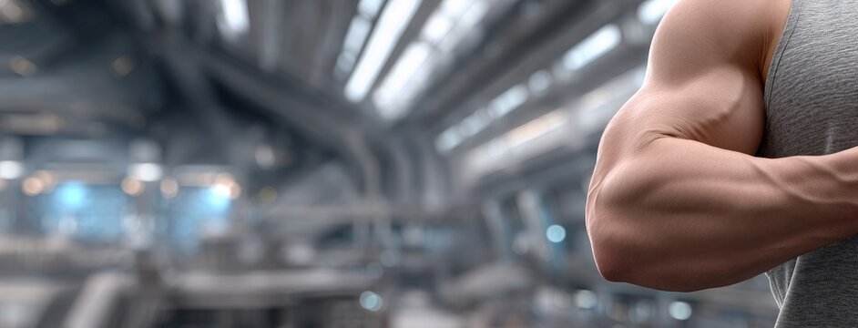 Bodybuilder flexes bicep in modern gym during early morning workout session emphasizing strength training and fitness dedication