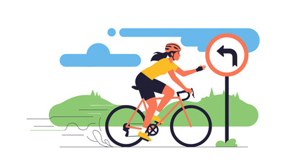 Cycling Adventure Girl Signaling Left Turn On Modern Road Beside Road Sign