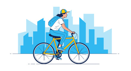 Fototapeta premium Cyclist In The City Wearing A Backpack And Cap Enjoying The Urban Ride