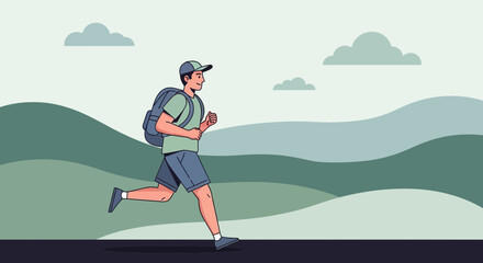Energetic Hiker Enjoying A Refreshing Outdoor Run Through Rolling Green Landscape
