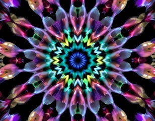 Vibrant iridescent kaleidoscopic mandala pattern glowing with psychedelic colors on black background