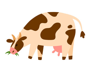 Playful spotted dairy cow leaping with curved tail and visible udder chewing grass, simple flat style, isolated on white. Ideal for farm, milk, and kids projects