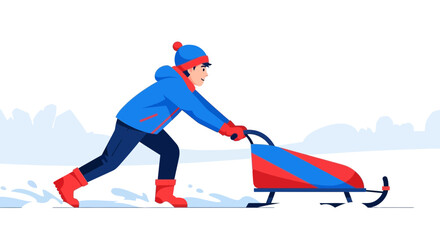 Naklejka premium Energetic Person Pushing a Sled Through Snowy Landscape Engaging In Winter Activities
