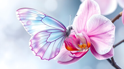 Hyperrealistic Butterfly on Orchid in Soft Watercolor Style - Dreamy Pastel Blue, Purple and Pink Macro with Water Droplets