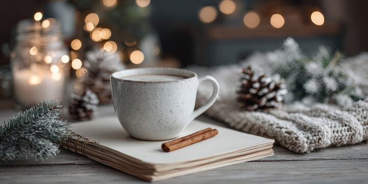 Cozy Christmas workspace with a coffee cup wrapped in a knitted cover. A blank notebook. Fir branches with warm lights. Cinnamon sticks and star anise on a wooden table. Creating a festive atmosphere - Powered by Adobe
