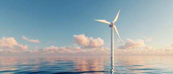 The Wind Turbine Standing Alone in Calm Ocean under Pastel Sunset Sky