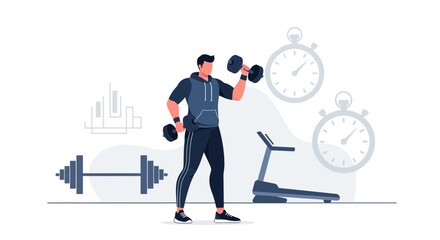 Engaging Fitness Illustration: A Man Actively Training with Dumbbells and Equipment