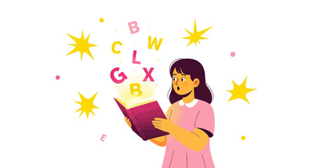 Enthralled Girl Reading A Book With Emerging Letters And Magical, Radiant Light