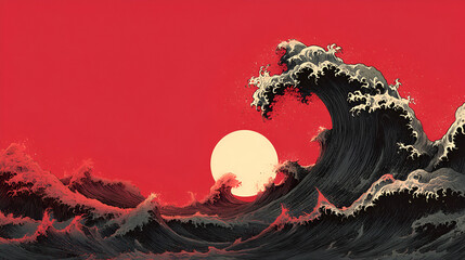 A dark, stylized ocean wave crashes against a red background, with a bright white sun poised behind it. print with a dramatic color palette, creating a powerful and intense scene