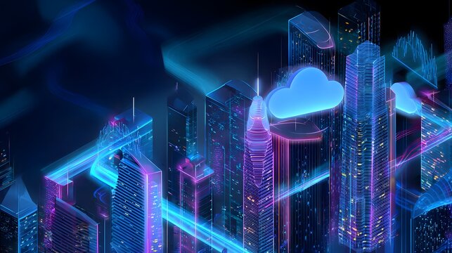 Futuristic digital illustration of a 5G wireless network connecting smart city skyscrapers
