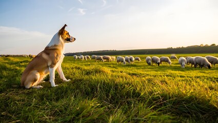 Sheep with Sheepdog in Summer Pasture /Rural Landscape Context